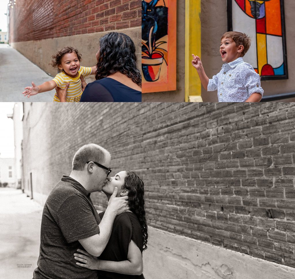 Pictures of a family in downtown Huntsville, AL during a family photo shoot by Ellen Adams Photography.