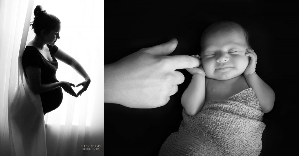 Pregnancy picture of mom with heart shaped hands and her newborn, captured by Ellen Adams Photography.