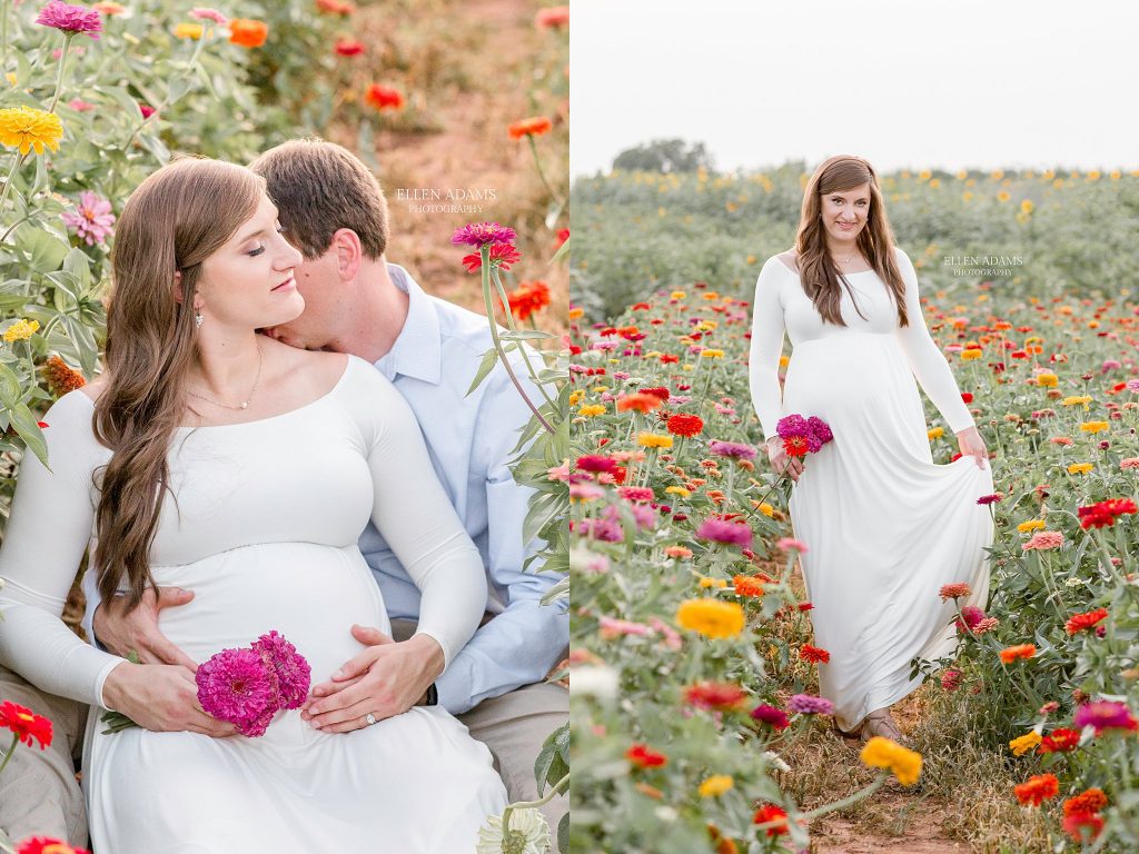Kiss in the flowers captured by Ellen Adams Photography.