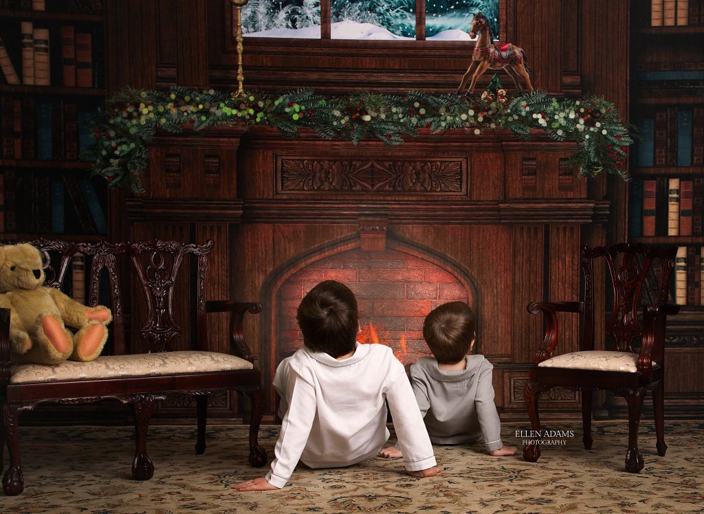 Christmas Pictures in Huntsville AL by Ellen Adams Photography of boys waiting for Santa by the fireplace.